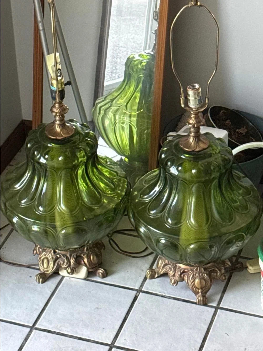 Green Glass Table Lamps with Ornate Brass Bases - Pair